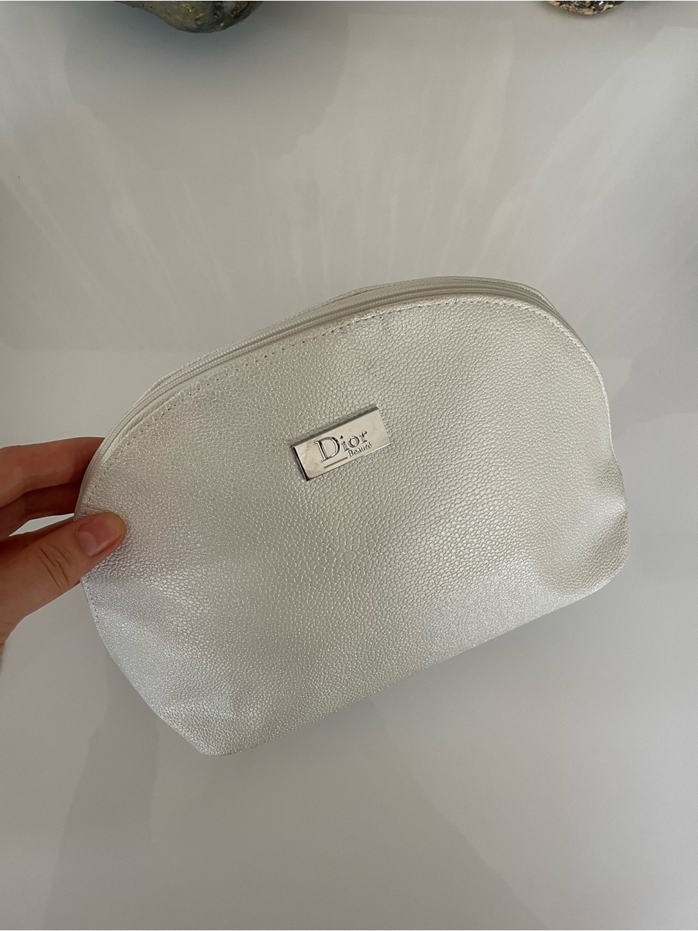 DIOR White Pearl Textured faux Leather Women's Bag purse cosmetics logo